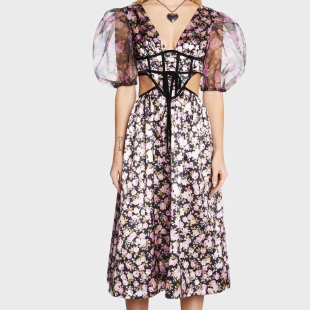 For Love & Lemons Maddison Floral Midi Dress with Puff Sleeves & Bustier Front